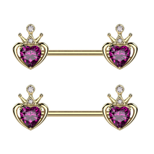 Crown with Pink Gem Heart Nipple Barbells - Gold PVD 316L Stainless Steel - Pair