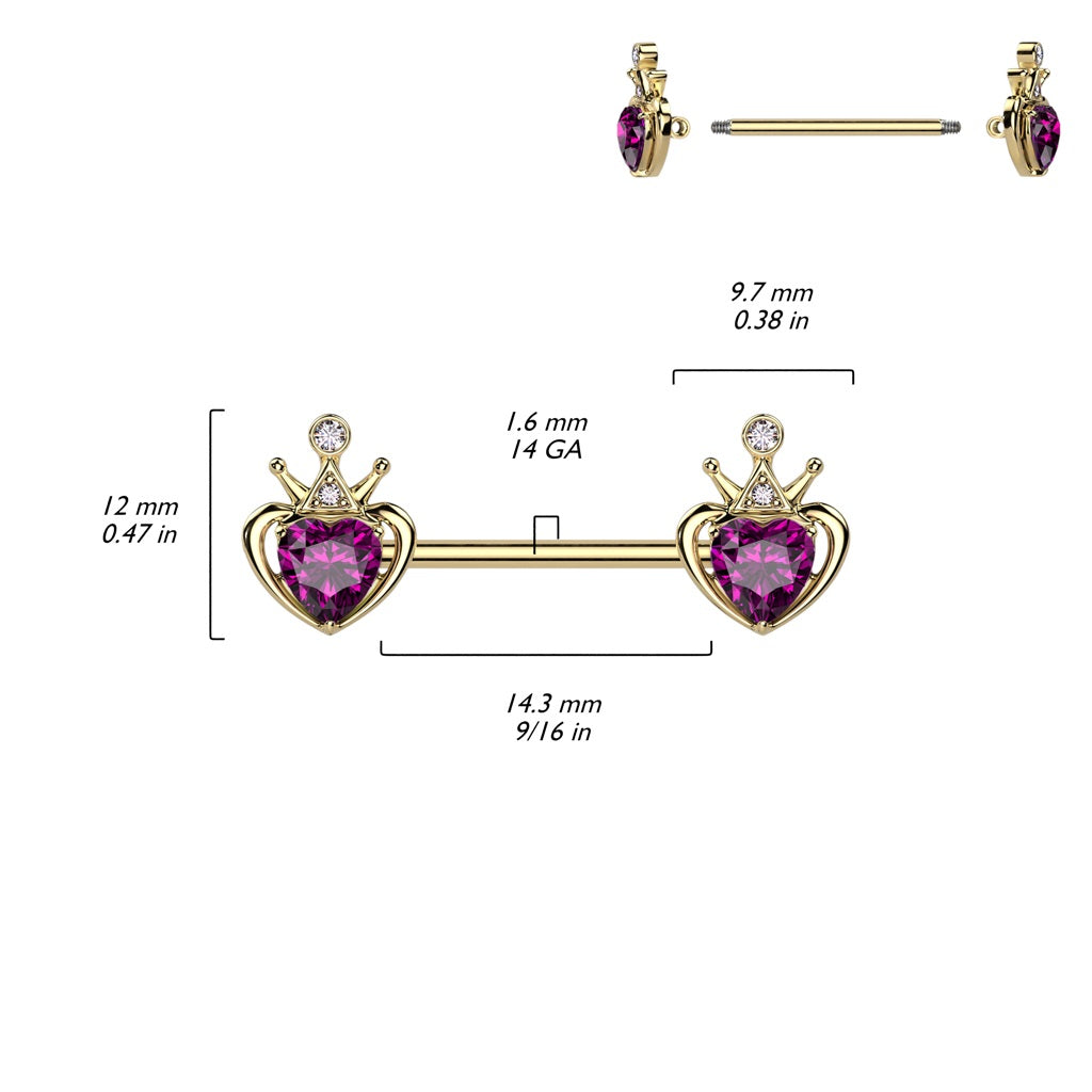 Crown with Pink Gem Heart Nipple Barbells - Gold PVD 316L Stainless Steel - Pair