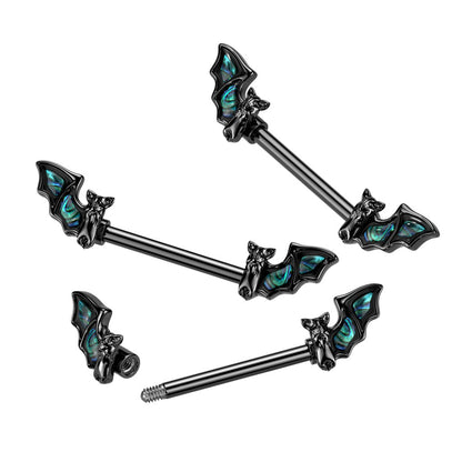 Bat with Abalone Wings Nipple Barbells - Black PVD Plated Stainless Steel - Pair