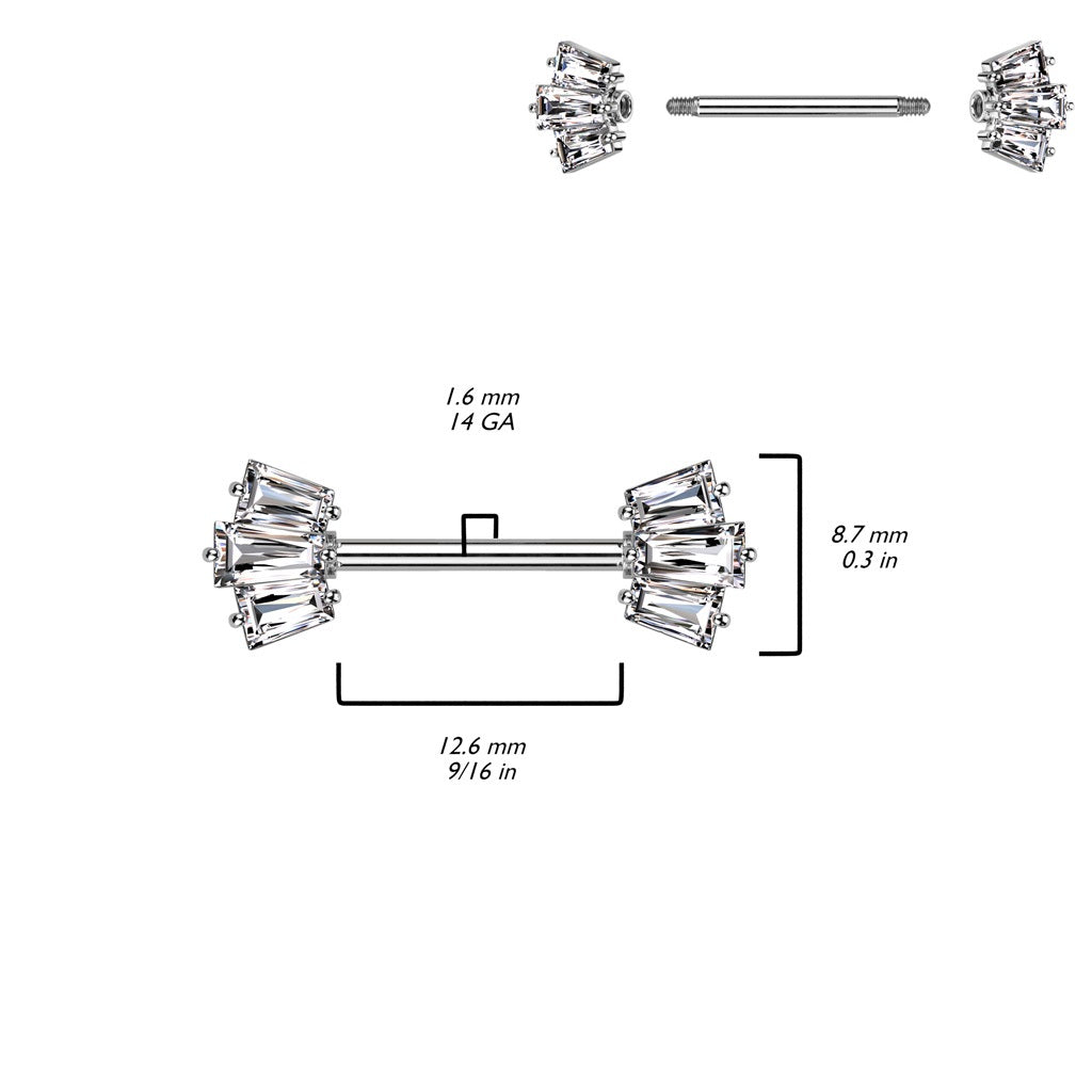 CZ Crystal Baguette Crown Ends Nipple Barbells - 316L Stainless Steel - Pair