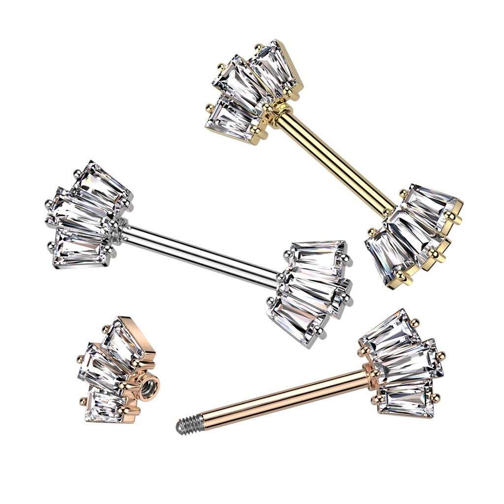 CZ Crystal Baguette Crown Ends Nipple Barbells - 316L Stainless Steel - Pair