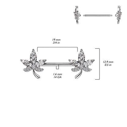 CZ Crystal Leaf Nipple Barbells - 316L Stainless Steel - Pair