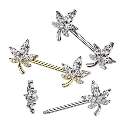 CZ Crystal Leaf Nipple Barbells - 316L Stainless Steel - Pair