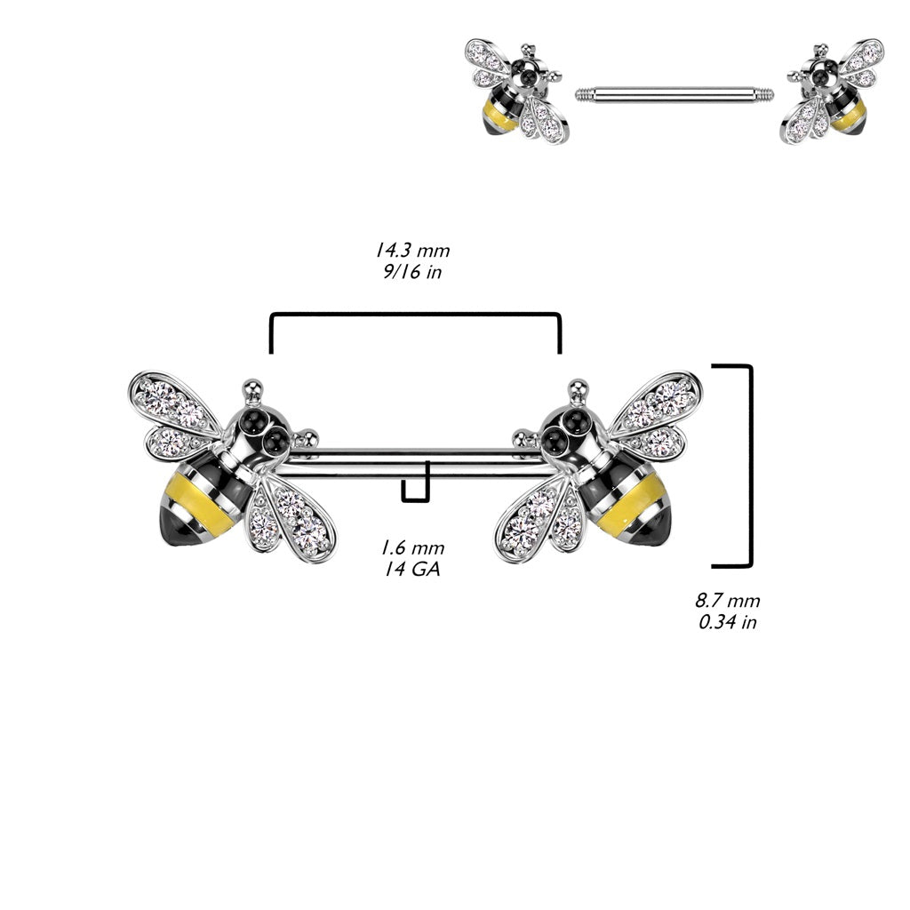 CZ Crystal Bee Ends Nipple Barbells - 316L Stainless Steel - Pair