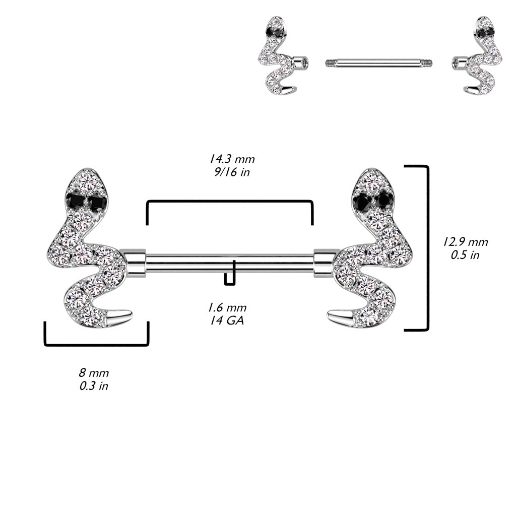 CZ Crystal Snakes Nipple Barbells - 316L Stainless Steel - Pair