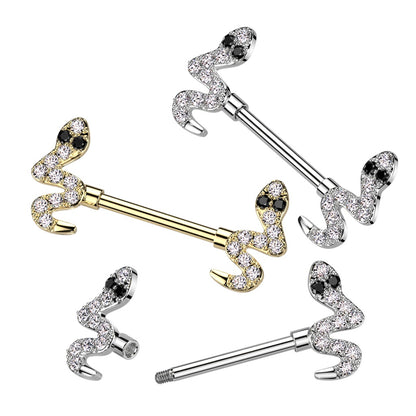 CZ Crystal Snakes Nipple Barbells - 316L Stainless Steel - Pair