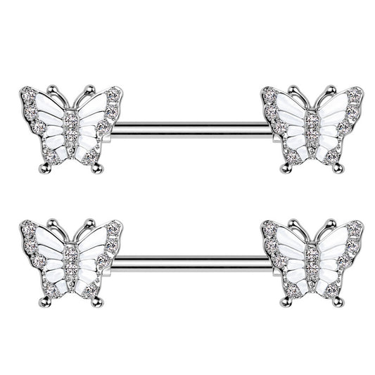 CZ Crystal Butterfly Nipple Barbells - Pair - 316L Stainless Steel