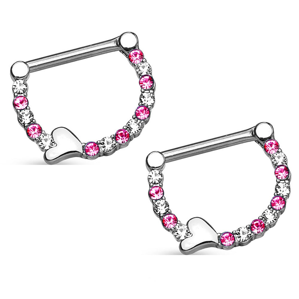 Lined CZ Crystal with Heart Nipple Clicker Rings - Pair - 316L Stainless Steel