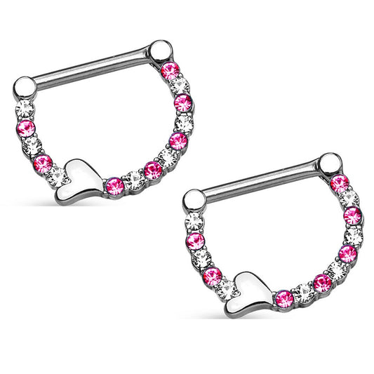 Lined CZ Crystal with Heart Nipple Clicker Rings - Pair - 316L Stainless Steel