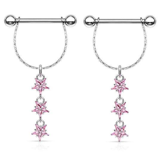 Three Dangling CZ Stars Barbell Nipple Shield Rings - 316L Stainless Steel - Pair