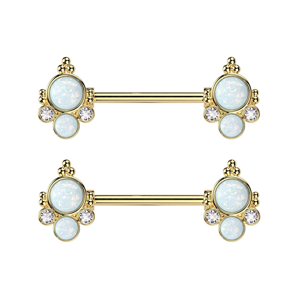 Double Opalite with CZ Crystals Ends Nipple Barbells - Pair - 316L Stainless Steel