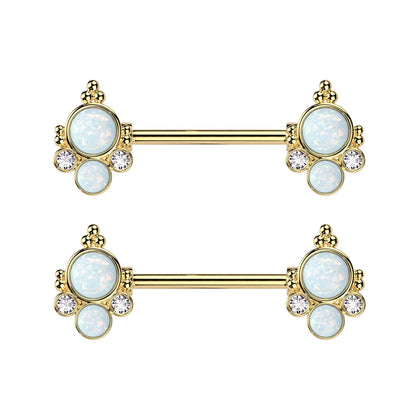 Double Opalite with CZ Crystals Ends Nipple Barbells - Pair - 316L Stainless Steel