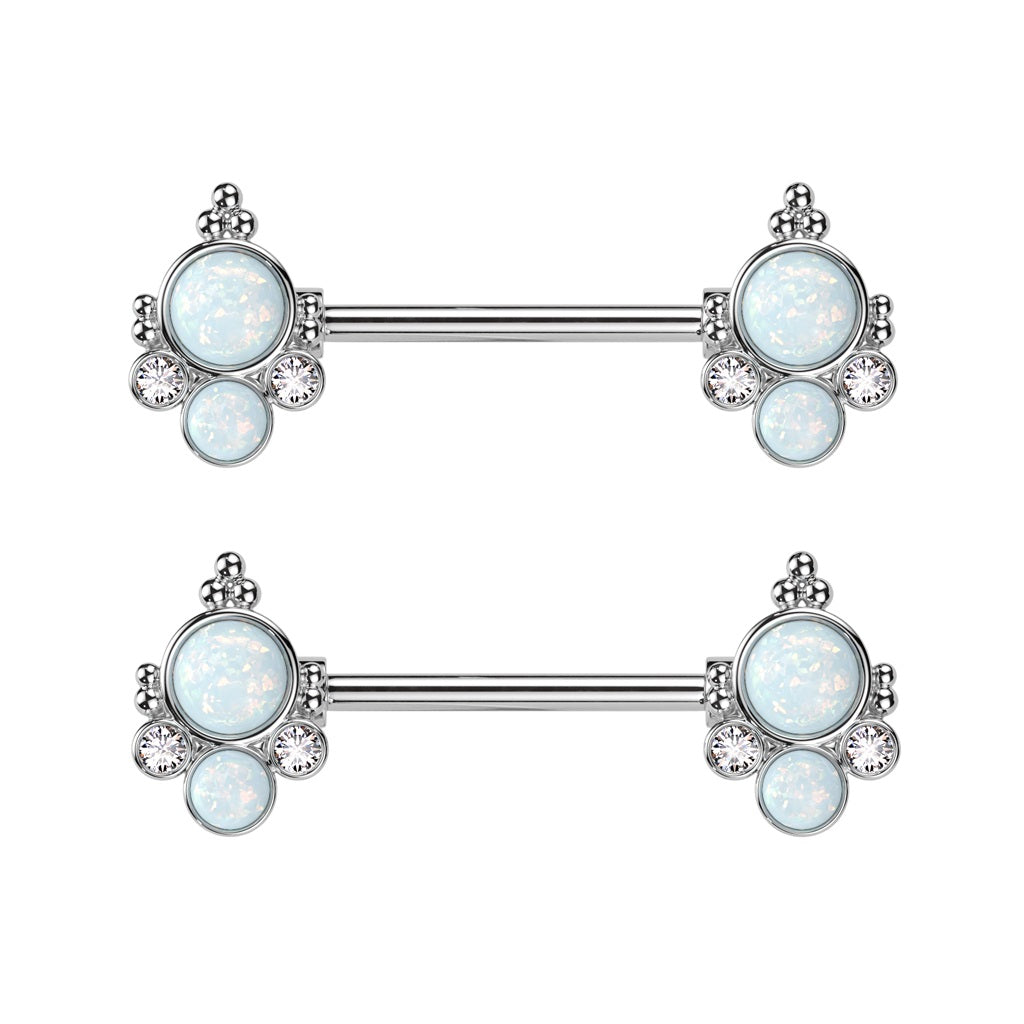 Double Opalite with CZ Crystals Ends Nipple Barbells - Pair - 316L Stainless Steel