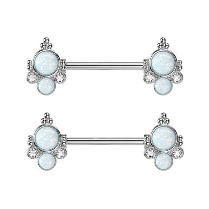 Double Opalite with CZ Crystals Ends Nipple Barbells - Pair - 316L Stainless Steel