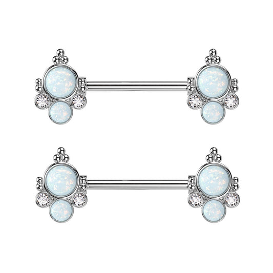 Double Opalite with CZ Crystals Ends Nipple Barbells - Pair - 316L Stainless Steel