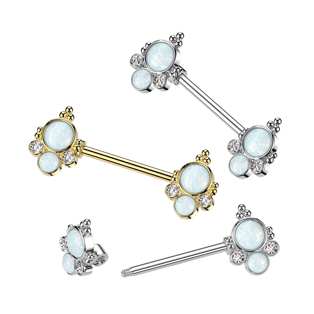 Double Opalite with CZ Crystals Ends Nipple Barbells - Pair - 316L Stainless Steel