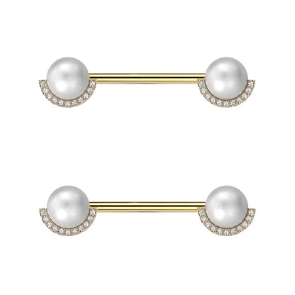 Synthetic Pearl with Half CZ Crystal Edge Nipple Barbells - Pair - 316L Stainless Steel