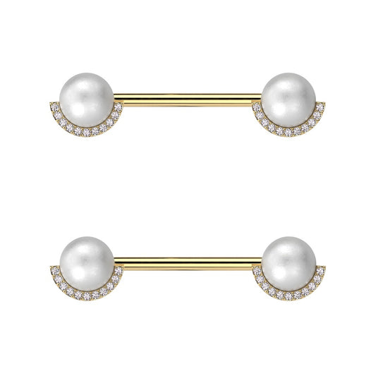 Synthetic Pearl with Half CZ Crystal Edge Nipple Barbells - Pair - 316L Stainless Steel