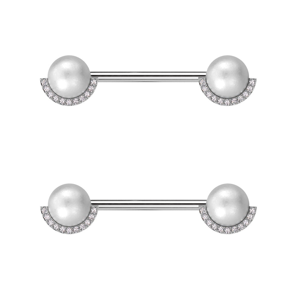 Synthetic Pearl with Half CZ Crystal Edge Nipple Barbells - Pair - 316L Stainless Steel