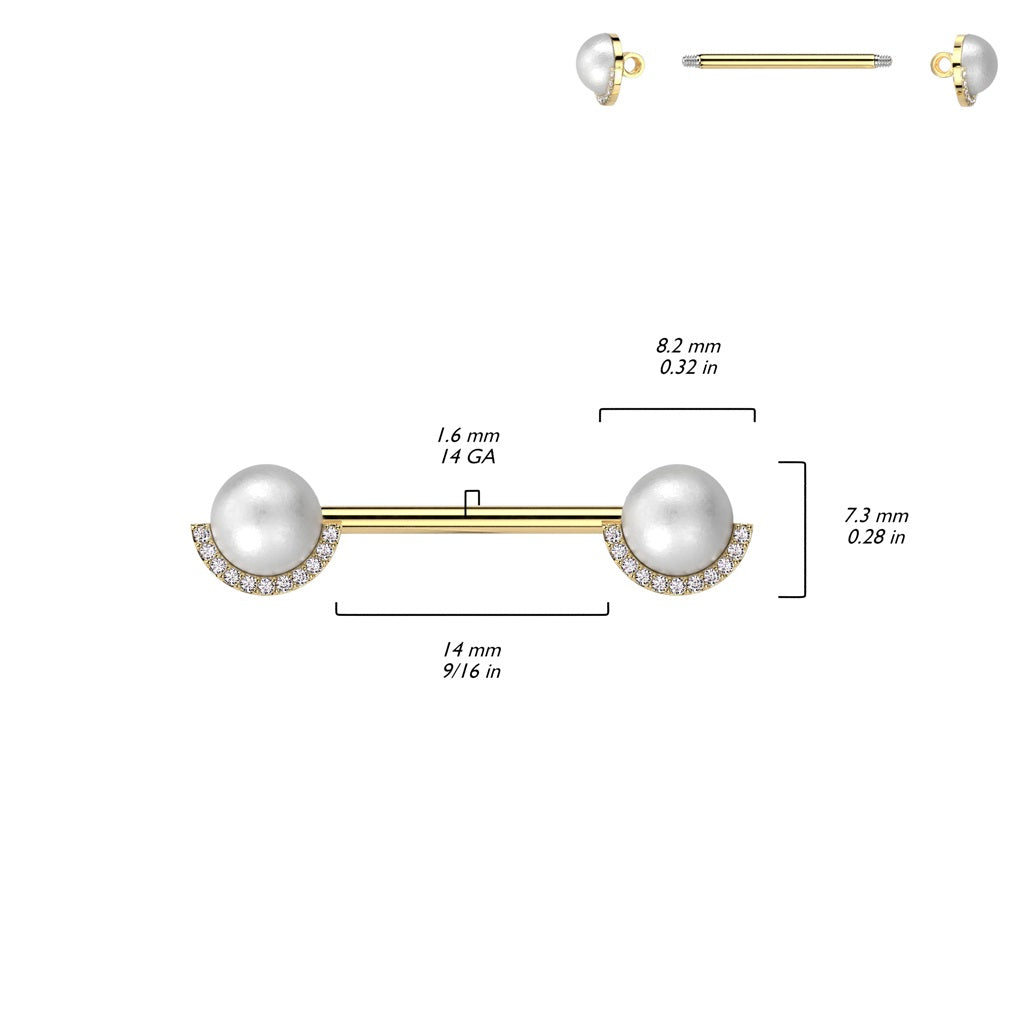 Synthetic Pearl with Half CZ Crystal Edge Nipple Barbells - Pair - 316L Stainless Steel