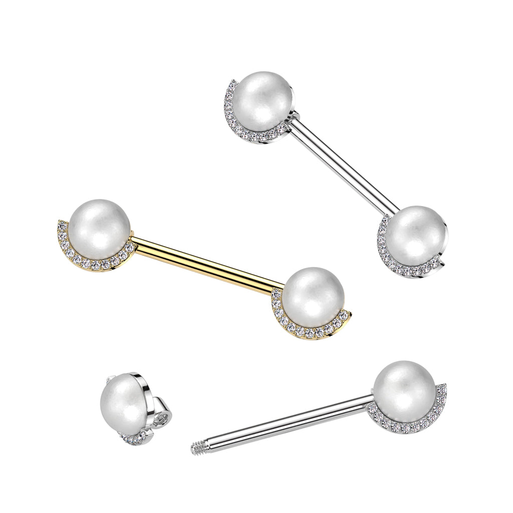 Synthetic Pearl with Half CZ Crystal Edge Nipple Barbells - Pair - 316L Stainless Steel