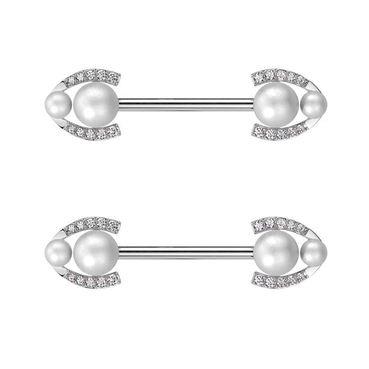 Double Synthetic Pearl with CZ Crystal Horseshoe Ends Nipple Barbells - Pair - 316L Stainless Steel