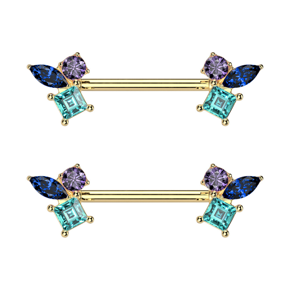 Triple CZ Crystal Cluster Nipple Barbells - Pair - 316L Stainless Steel