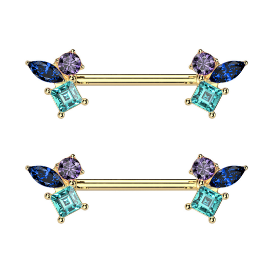 Triple CZ Crystal Cluster Nipple Barbells - Pair - 316L Stainless Steel
