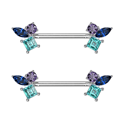 Triple CZ Crystal Cluster Nipple Barbells - Pair - 316L Stainless Steel