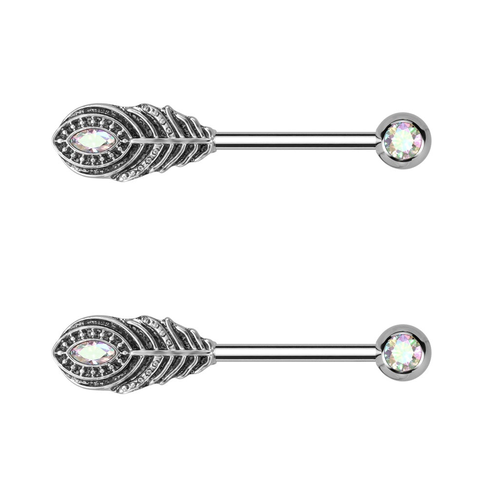 CZ Crystal Feather Ends Nipple Barbells - Pair - 316L Stainless Steel