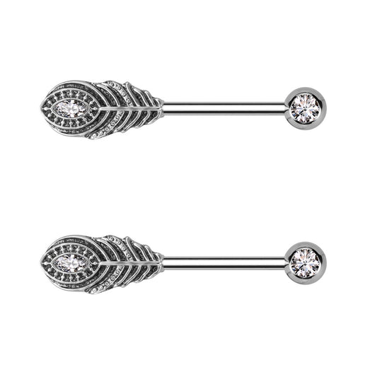 CZ Crystal Feather Ends Nipple Barbells - Pair - 316L Stainless Steel