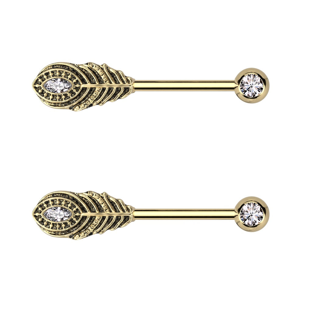 CZ Crystal Feather Ends Nipple Barbells - Pair - 316L Stainless Steel