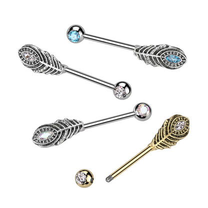 CZ Crystal Feather Ends Nipple Barbells - Pair - 316L Stainless Steel