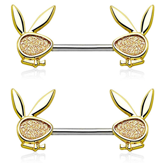 Sand Blasted Sparkling Playboy Bunny Ends Nipple Barbells - Pair - 316L Stainless Steel