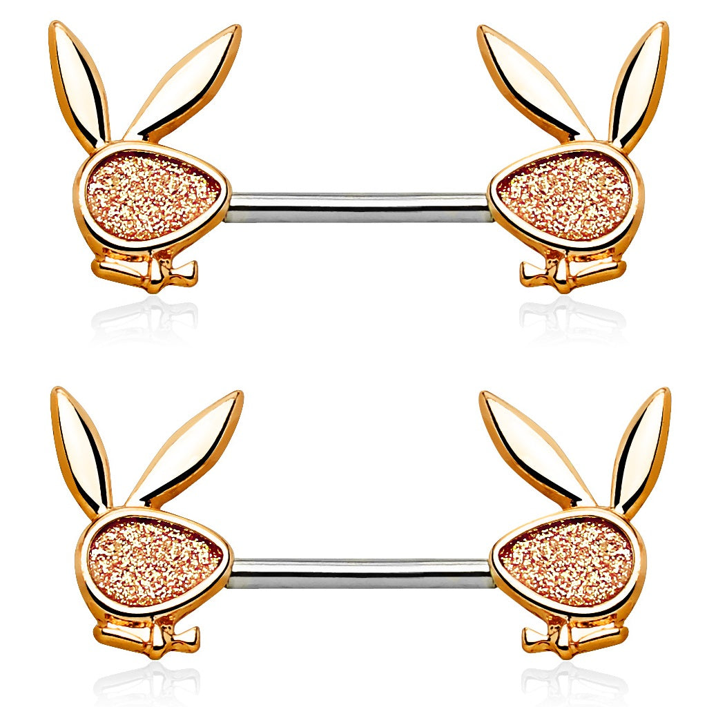 Sand Blasted Sparkling Playboy Bunny Ends Nipple Barbells - Pair - 316L Stainless Steel