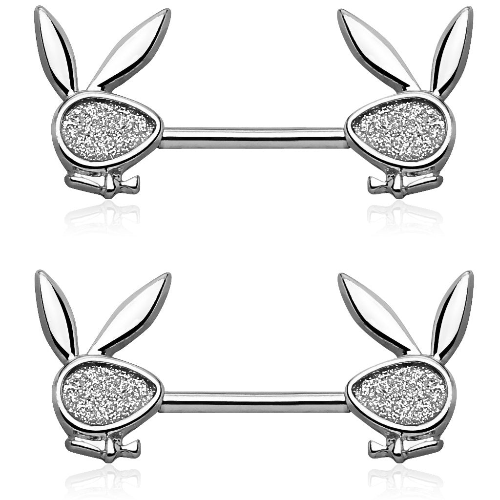 Sand Blasted Sparkling Playboy Bunny Ends Nipple Barbells - Pair - 316L Stainless Steel