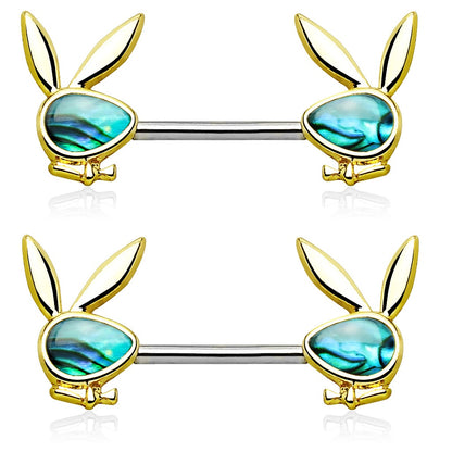 Abalone Inlaid Playboy Bunny Ends Nipple Barbells - Pair - 316L Stainless Steel