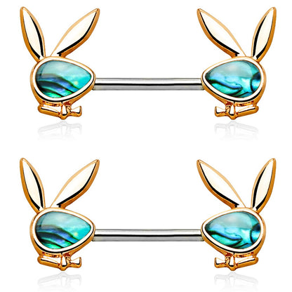 Abalone Inlaid Playboy Bunny Ends Nipple Barbells - Pair - 316L Stainless Steel