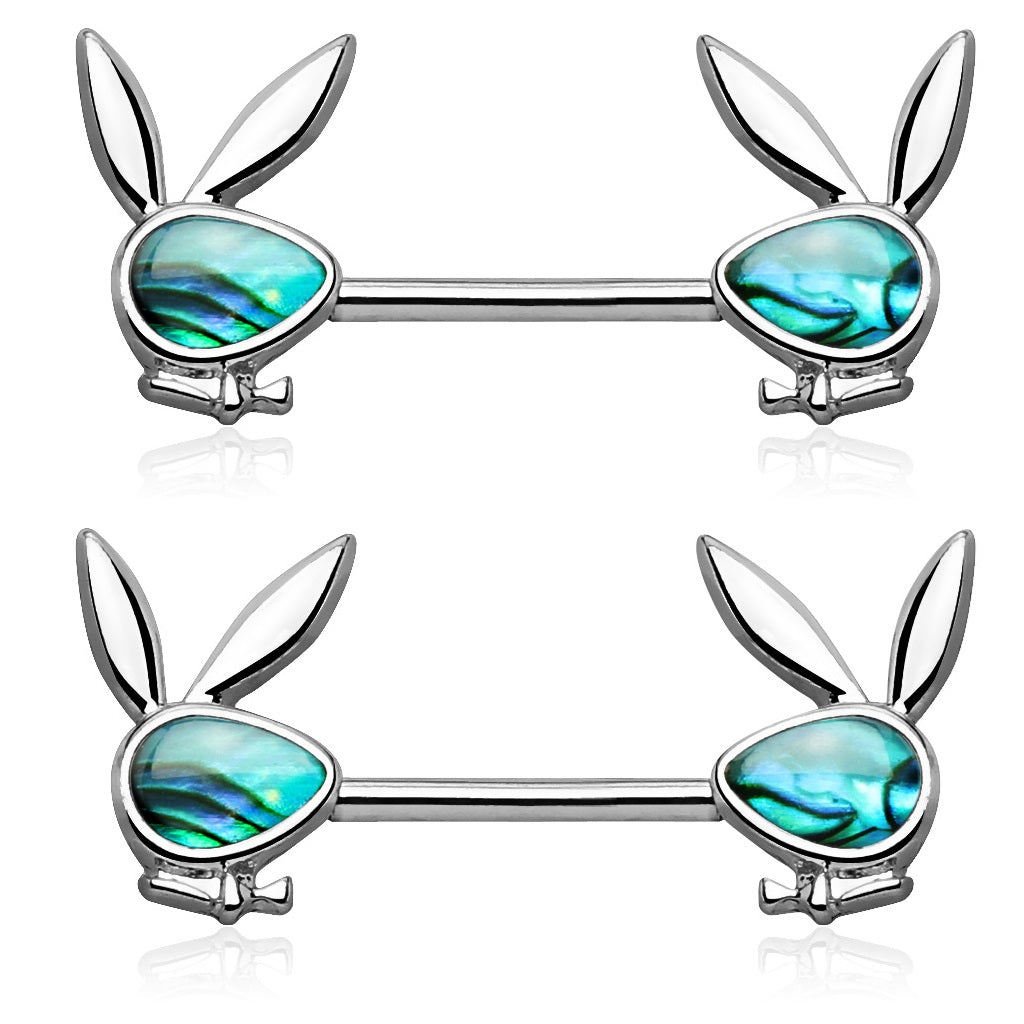 Abalone Inlaid Playboy Bunny Ends Nipple Barbells - Pair - 316L Stainless Steel