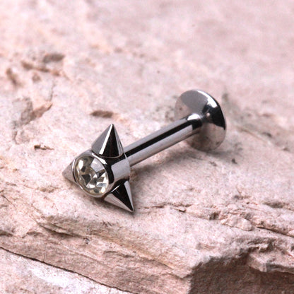 Internally Threaded CZ Crystal Center Triple Triangle Spike Flat Back Stud - 316L Stainless Steel