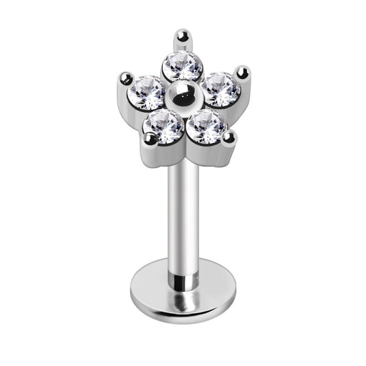 Threadless Push-In CZ Crystal Flower Top Flat Back Stud - 316L Stainless Steel