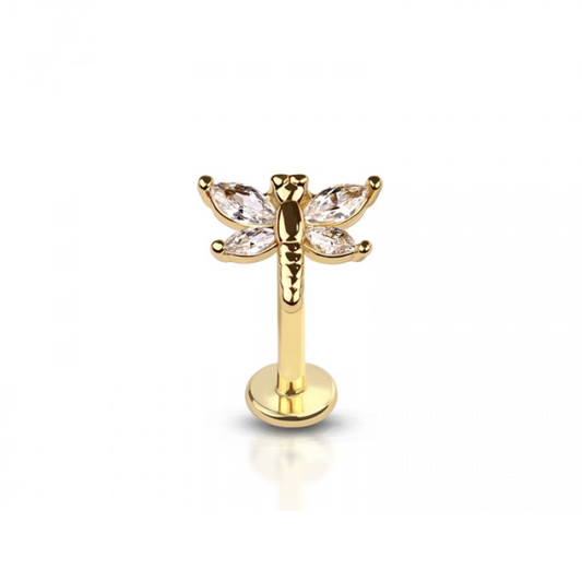 Internally Threaded CZ Crystal Dragonfly Top Flat Back Stud - 316L Stainless Steel