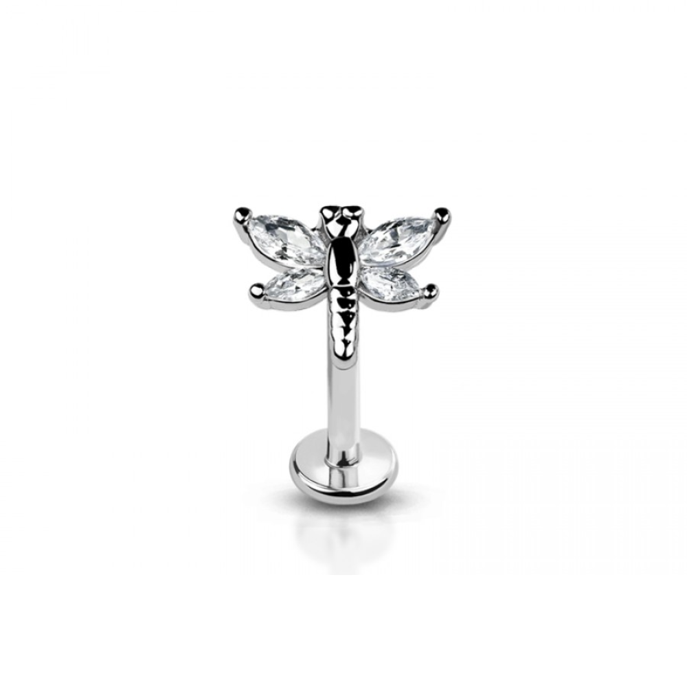 Internally Threaded CZ Crystal Dragonfly Top Flat Back Stud - 316L Stainless Steel