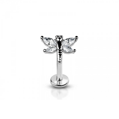 Internally Threaded CZ Crystal Dragonfly Top Flat Back Stud - 316L Stainless Steel