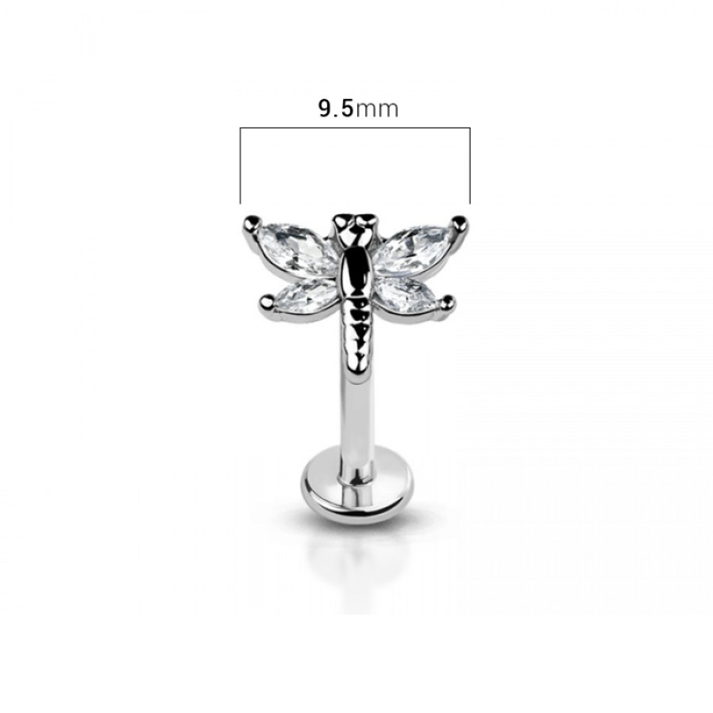 Internally Threaded CZ Crystal Dragonfly Top Flat Back Stud - 316L Stainless Steel
