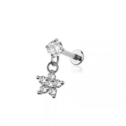 Internally Threaded CZ Crystal with Dangling Flower Flat Back Labret Stud - 316L Stainless Steel