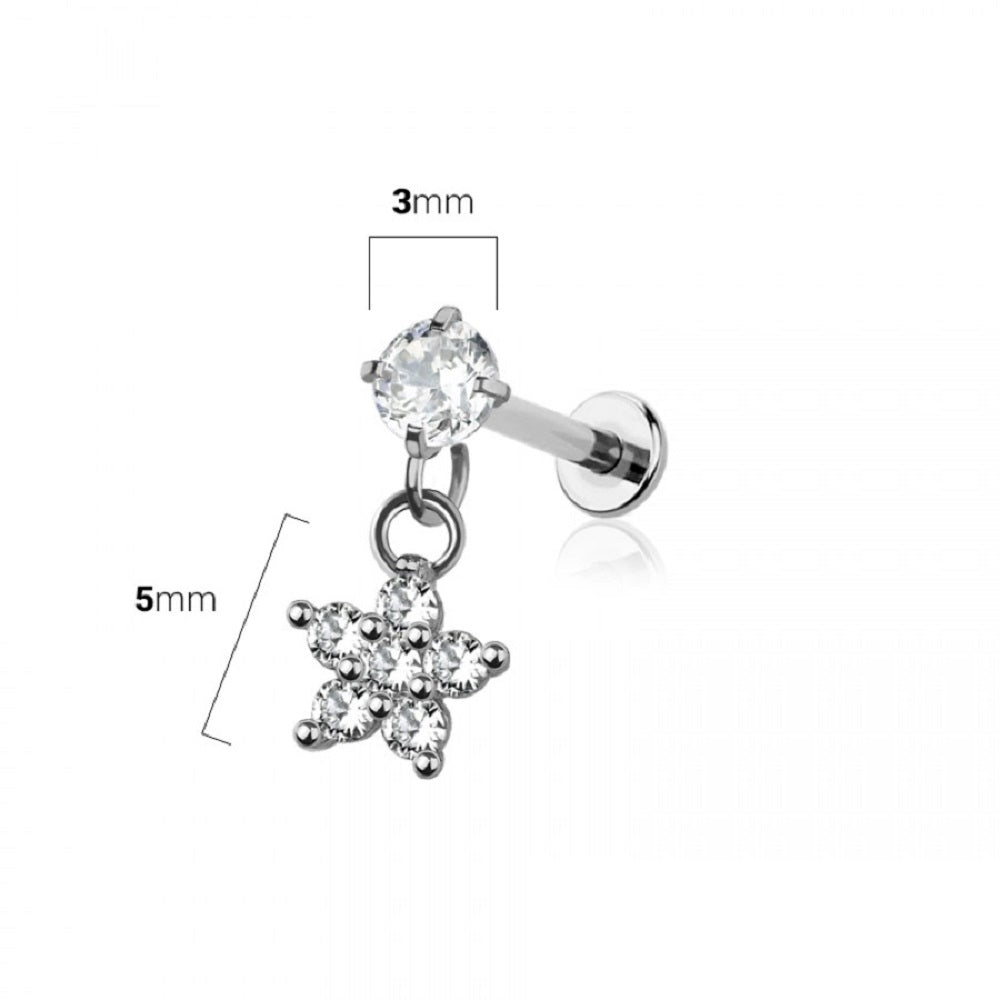 Internally Threaded CZ Crystal with Dangling Flower Flat Back Labret Stud - 316L Stainless Steel