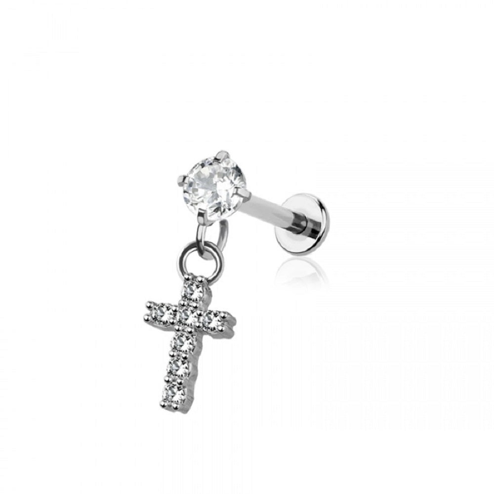 Internally Threaded CZ Crystal with Dangling Cross Flat Back Labret Stud - 316L Stainless Steel