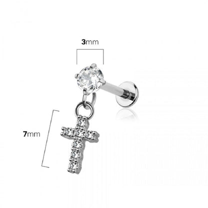 Internally Threaded CZ Crystal with Dangling Cross Flat Back Labret Stud - 316L Stainless Steel