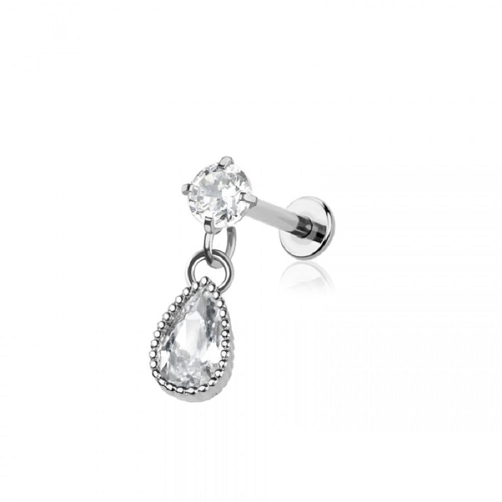 Internally Threaded CZ Crystal with Dangling Teardrop Flat Back Labret Stud - 316L Stainless Steel